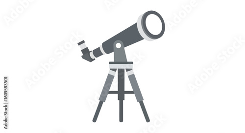 Grey astronomical refractor telescope on a tripod, flat design vector illustration for stargazing.