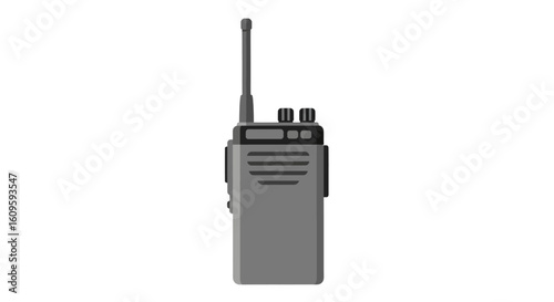 Grey portable two-way radio or walkie-talkie with an antenna, knobs, and speaker grille, depicted in a flat, minimalist style.