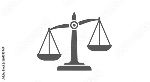 Minimalist dark grey icon of the scales of justice, slightly imbalanced, representing law and judgment.