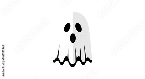 Minimalist two-tone ghost icon with a surprised expression and wavy, tattered bottom.