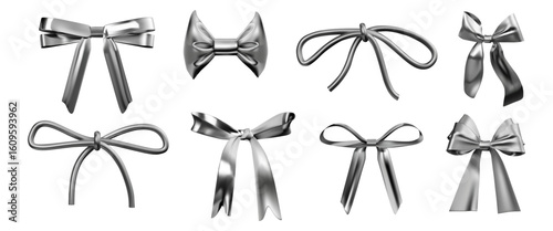 3d silver ribbon. Y2K gift bow, chrome or metal shape elements, hologram coquette tie. Liquid bowknot. Render glossy isolated decorative trendy objects, packaging design, vector icons set
