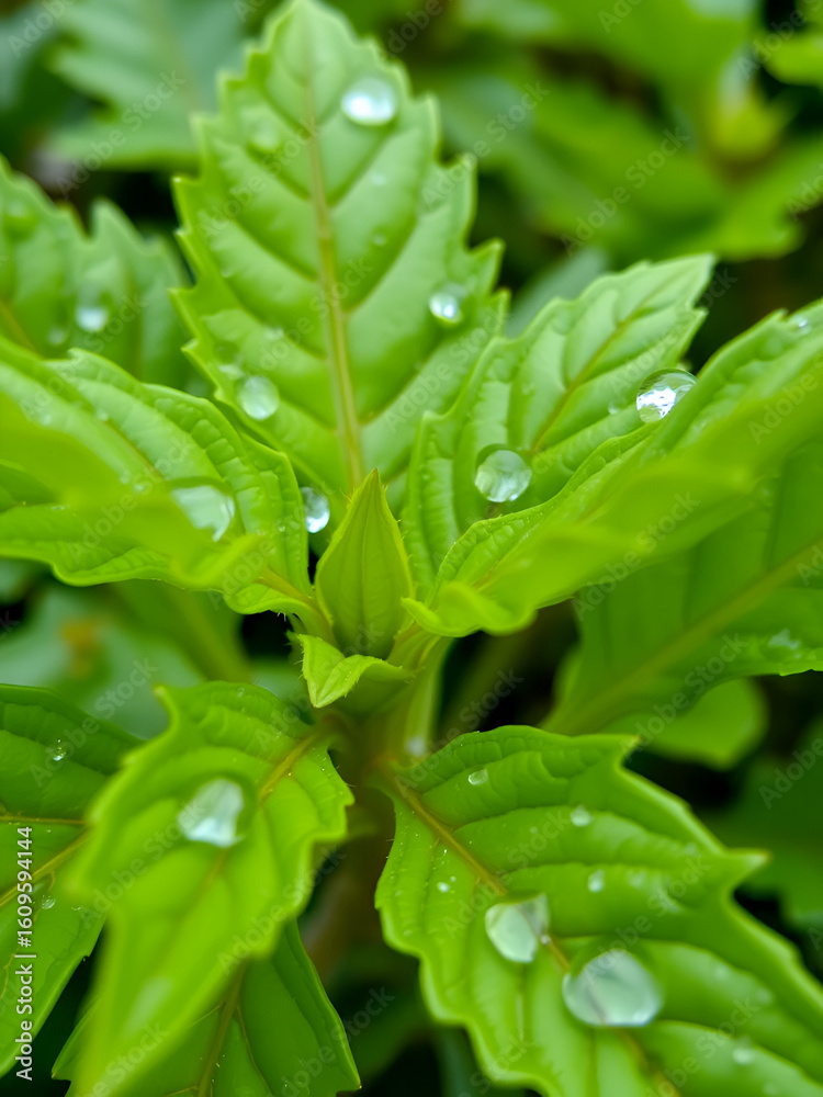 Obraz premium Close up of lush vibrant green Pogostemon cablin patchouli plant leaves wet from rain or dew, a medicinal plant used in aromatherapy.