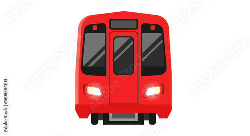 Modern red subway train with glowing headlights, front view vector illustration.