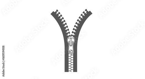 Monochrome graphic illustration of a partially unzipped zipper with a classic slider and pull-tab.