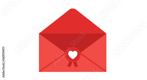 Free Download Open red love letter envelope sealed with a circular white heart emblem and ribbons. - GFXLoad