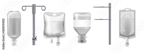 Blood bag. Medical drip container. Cure transfusion dropper or 3d ambulance stick. Tube holder for hospital laboratory. Intravenous injection. Liquid remedy. Vector realistic objects set