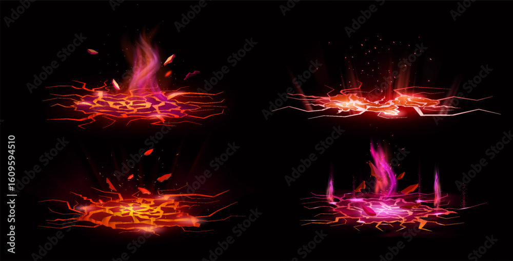 Gold crack. Lava ground effect. Light fire floor or volcano splashes. Terrain smash. Split molten break or glow burn land surface. Damage fissure with magma. Volcanic elements vector set