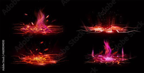 Gold crack. Lava ground effect. Light fire floor or volcano splashes. Terrain smash. Split molten break or glow burn land surface. Damage fissure with magma. Volcanic elements vector set