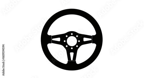 Sleek black silhouette of a three-spoke racing steering wheel with a perforated hub.