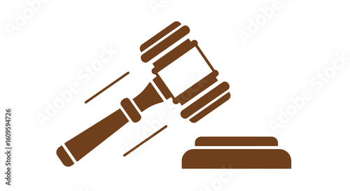 Stylized brown gavel and sound block icon in motion, a minimalist graphic symbol of justice, law, and authority.