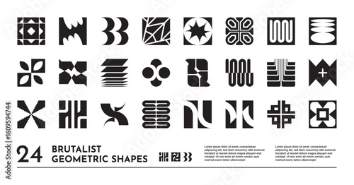 Graphic elements. Abstract geometry shape, distorted Y2K design or brutalist logotype. Postmodern tech style. Simple contemporary logo, decorative square silhouettes. Vector isolated icons