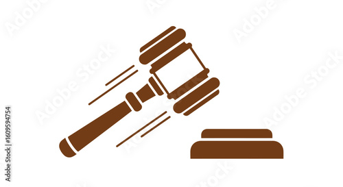 Stylized brown judge's gavel icon with motion lines hitting a sound block