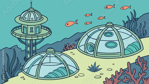 Illustration of an underwater habitat with domes, tower, coral, seaweed, and fish in a teal environment
