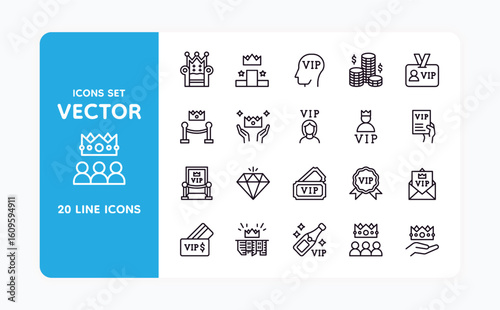 VIP pictogram. Celebrity club membership. Exclusive special member line entrance. Event ticket. Premium quality. Special pass tag. Crown symbol. Star admission. Vector line icons set