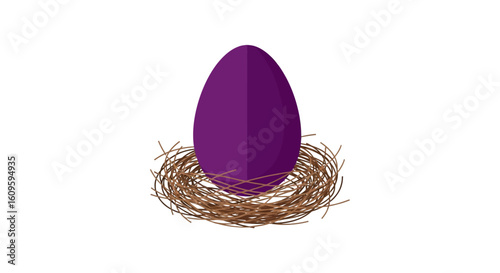 Stylized illustration of a large, smooth purple egg nestled in a woven brown bird's nest.