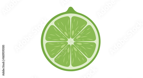 Stylized vertical cross-section of a vibrant green lime fruit, showing juicy pulp segments and a thick rind in a flat design.