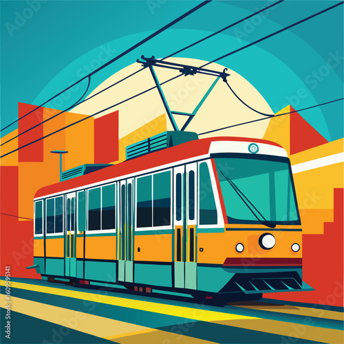 Colorful retro style illustration of a tram passing through a cityscape with overhead wires on a sunny day