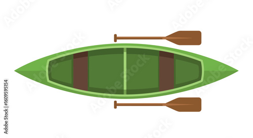 Top-down view of a green canoe with two seats and a pair of brown wooden paddles in a flat design style.