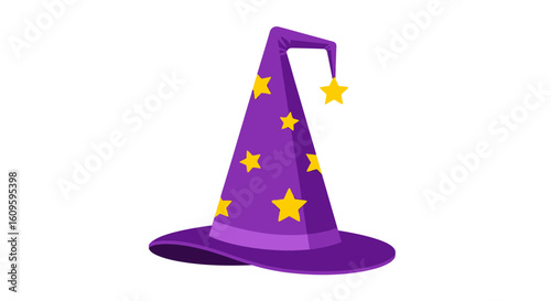 Whimsical purple wizard hat with yellow stars and a bent, dangling star tip.