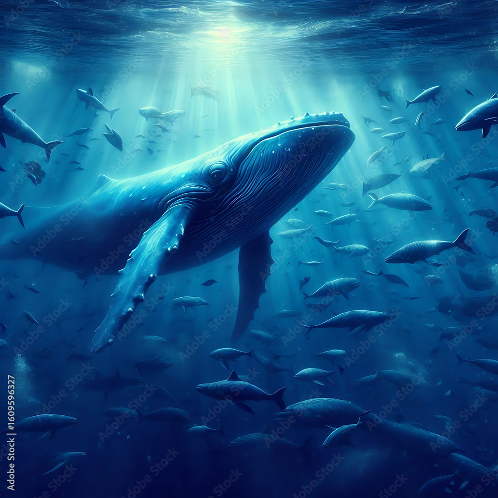 Fototapeta premium Two Dolphins Swimming in Sunny Ocean with Underwater Coral Reef