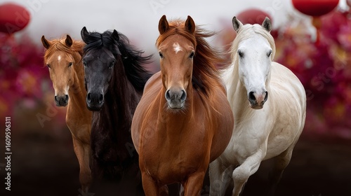 Three horses are running in a field with red flowers in the background. The horses are of different colors, with one brown, one white, and one black. The scene is lively and energetic