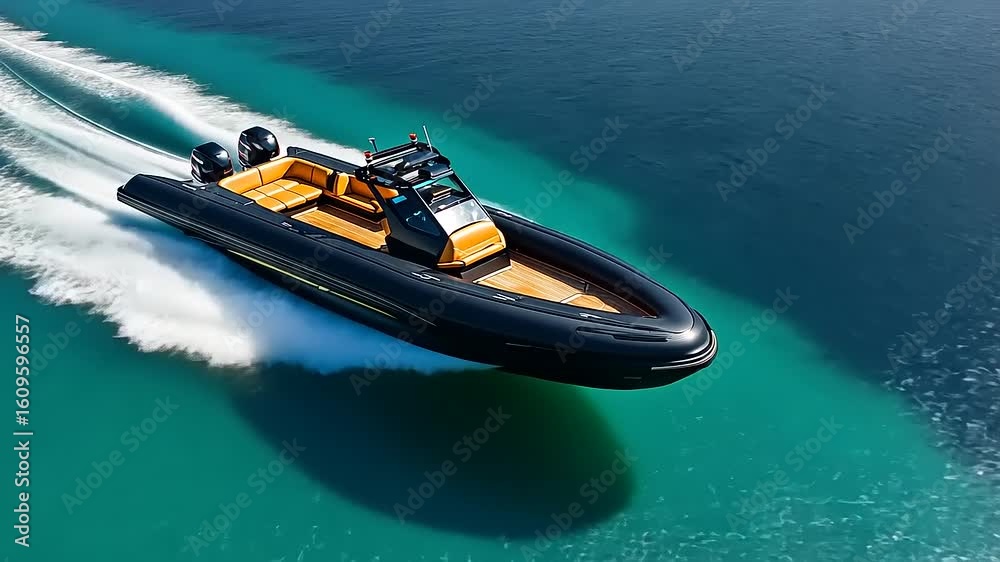 High-speed luxury motorboat gliding over turquoise waters with a sunny shoreline in the background