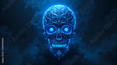 A mysterious, glowing blue skull with ornate, swirling patterns and Tribal-inspired details, set against a dark, misty background, evoking a sense of mysticism and rebellion.
