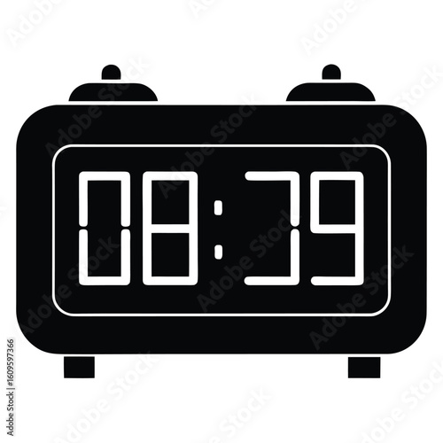 Digital alarm clock showing 0839 in black and white illustration of a simple modern device for timekeeping