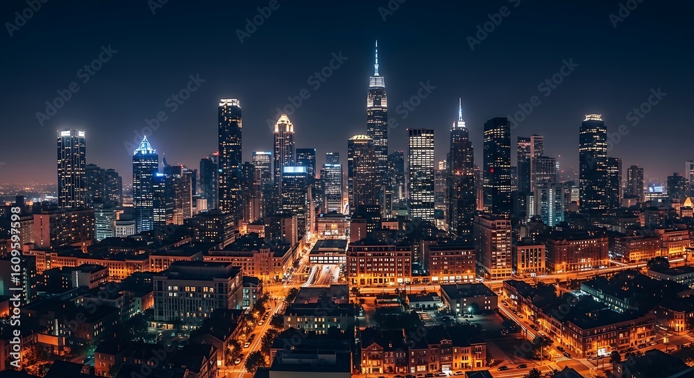 Fototapeta premium Captivating Downtown Cityscape at Night with Illuminated Skyscrapers and Glowing Streetlights