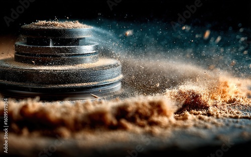 CNC Machine in Action Extreme Close-Up Captures Wood Shavings Flying in Detailed Shot Low Angle View of Construction