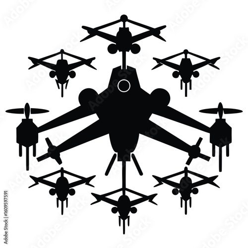 Drone technology and aviation conceptualized through a black and white illustration depicting future aerial vehicles