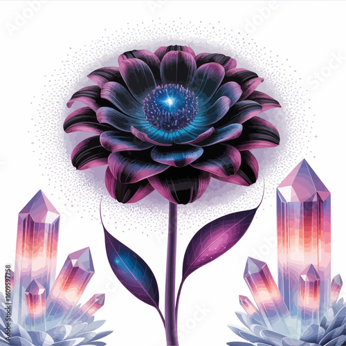 Mystical Purple Flower with Glowing Crystals and Celestial Details.