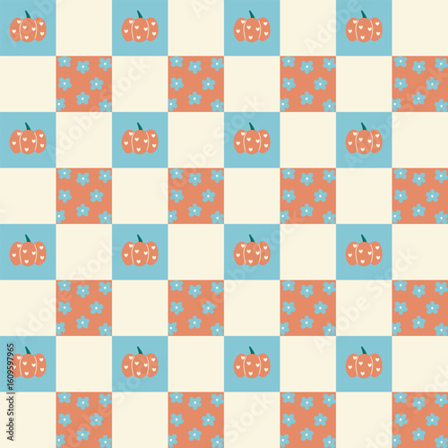 seamless minimal halloween pumpkin and flower repeat pattern in blue and orange color plaid checkered background, flat vector illustration graphic design
