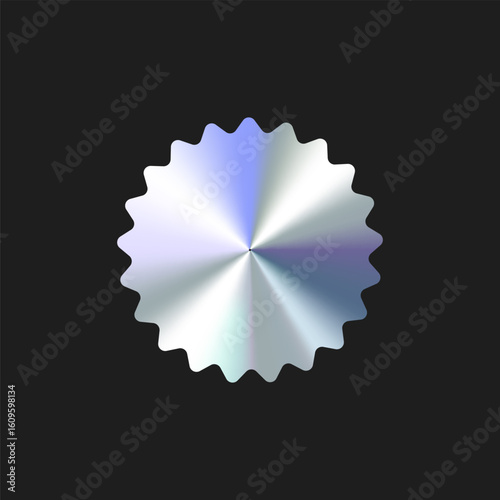 Glossy Chrome Gradient Scalloped Circle Shape Sale Tag, Premium Label, Discount Badge or Original Product Sticker. Modern Iridescent Holographic Emblem for Logo and Promo Design. Vector Illustration