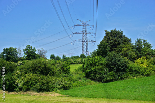 Strommast und Hochspannungsleitungen auf der Schwäbischen Alb