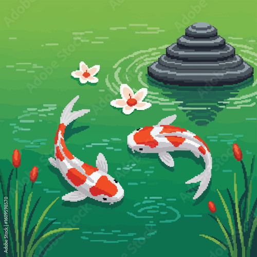 Pixel Art Koi Fish Swimming in a Pond with Stone Stack.