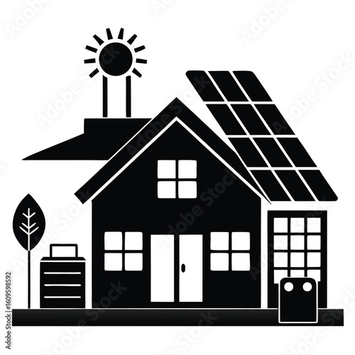 Eco friendly home depicting solar panels and sustainable energy resources black and white illustration.