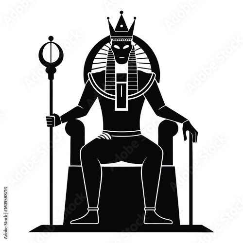 Egyptian pharaoh king seated on throne holding crook and flail in black and white silhouette design