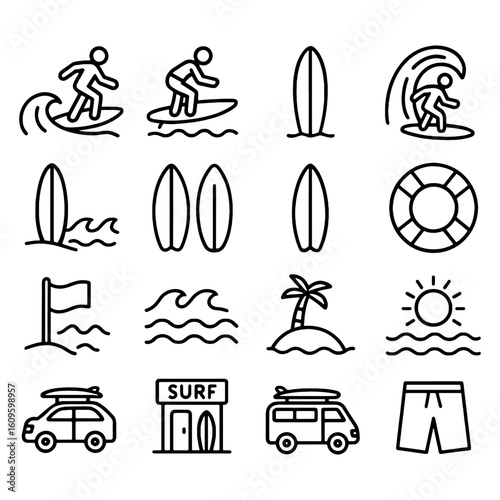 Collection of surfing related outline icons set