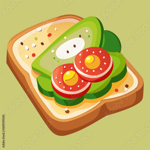 Avocado toast sandwich with colorful toppings displayed against a muted background. Healthy breakfast food highlighted in a simple design.