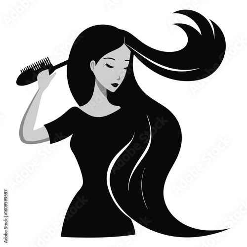 Elegant black and white illustration of a woman grooming her flowing dark hair with a comb