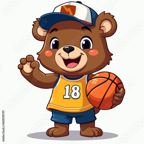 Vector fashion design for children, 
teenager t-shirt. 
Cute teddy bear boy with ball for basketball 
game isolated on white background. Cartoon print for 
fabric, paper, clothing.