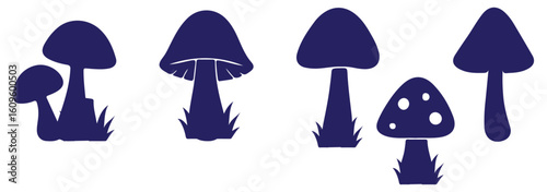 Blue, pink and Red Colorful mushroom icon set. A collection of mushroom silhouette vector illustrations featuring diverse shapes and designs. Eps 10