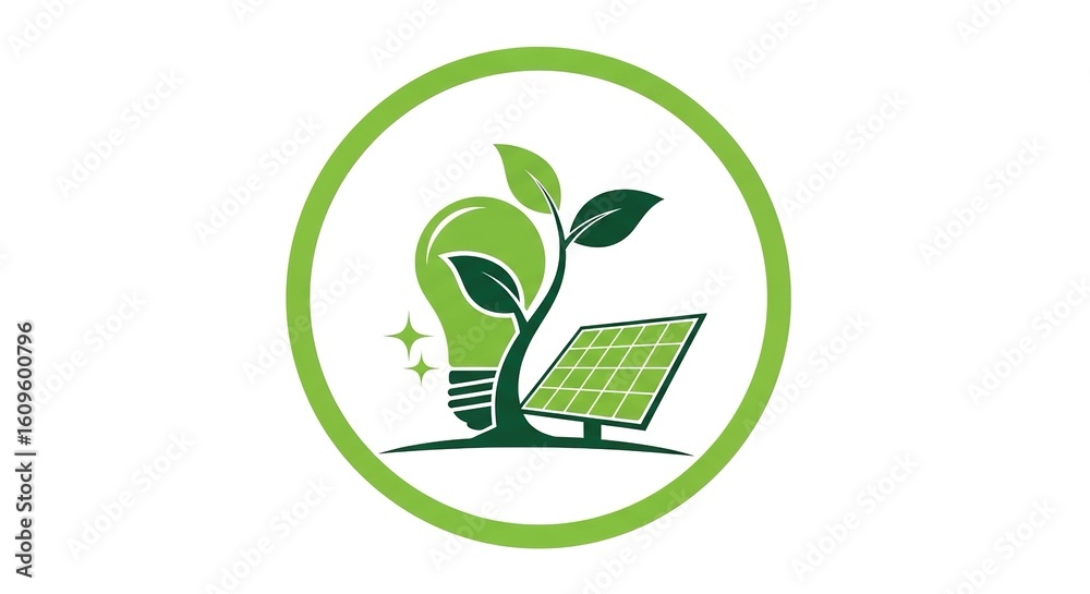 Green energy symbol: lightbulb with plant and solar panel in a circle. Green energy symbol: lightbulb with plant and solar panel in a circle.