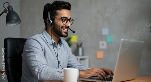 Happy Indian Man Working With a Headset and a Laptop at Work