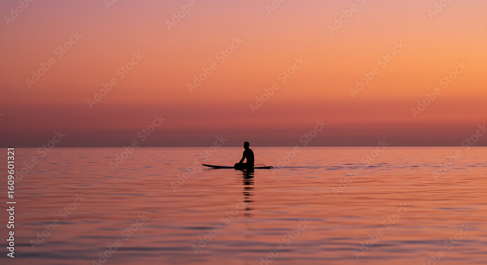 Fototapeta premium Silhouetted surfer sitting on a surfboard, waiting for the perfect waves at sunset, savoring the tranquility of the ocean and the beauty of the evening sky