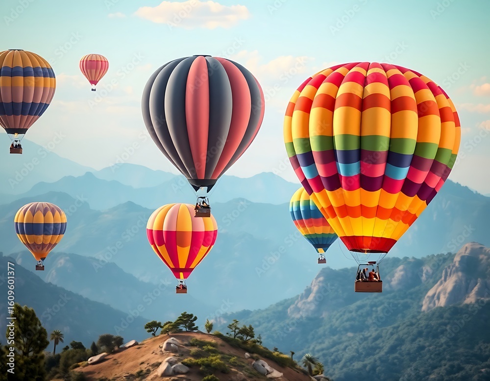 Fototapeta premium Hot air balloons soaring above mountains