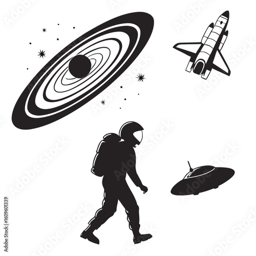 Astronaut spaceship galaxy ufo stars vector