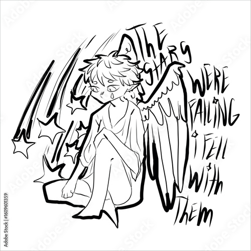 Fallen angel among falling stars. Symbolism, metaphors. Vector drawn illustration, cute stylization, line art. Sketch for tattoo. Print for clothes, cups, sketchbooks, stickers, pins.