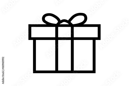 The image depicts a black outline of a gift box or present icon. The box is square-shaped with a ribbon crossing vertically and horizontally. On top of the box, there is a stylized bow.